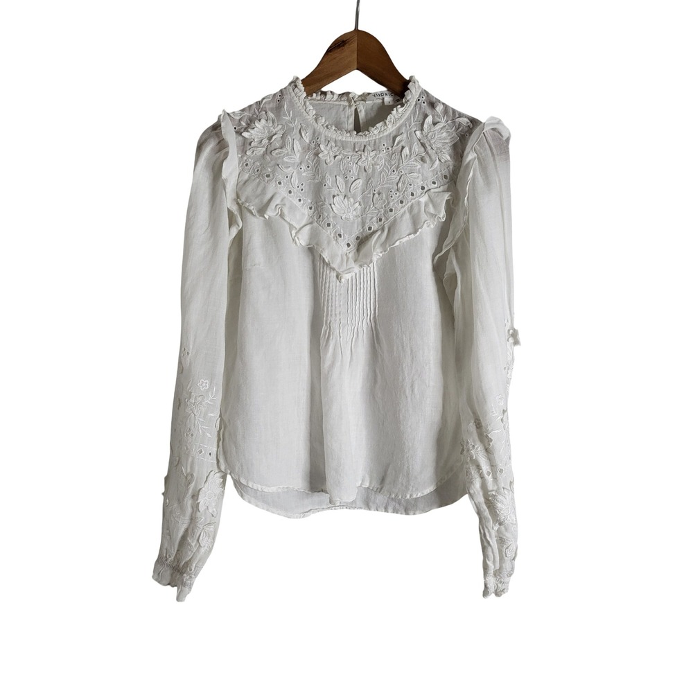 Veronica Beard White Ramie Embroidered Eyelet Ruffle Blouse 6 Victorian Revival